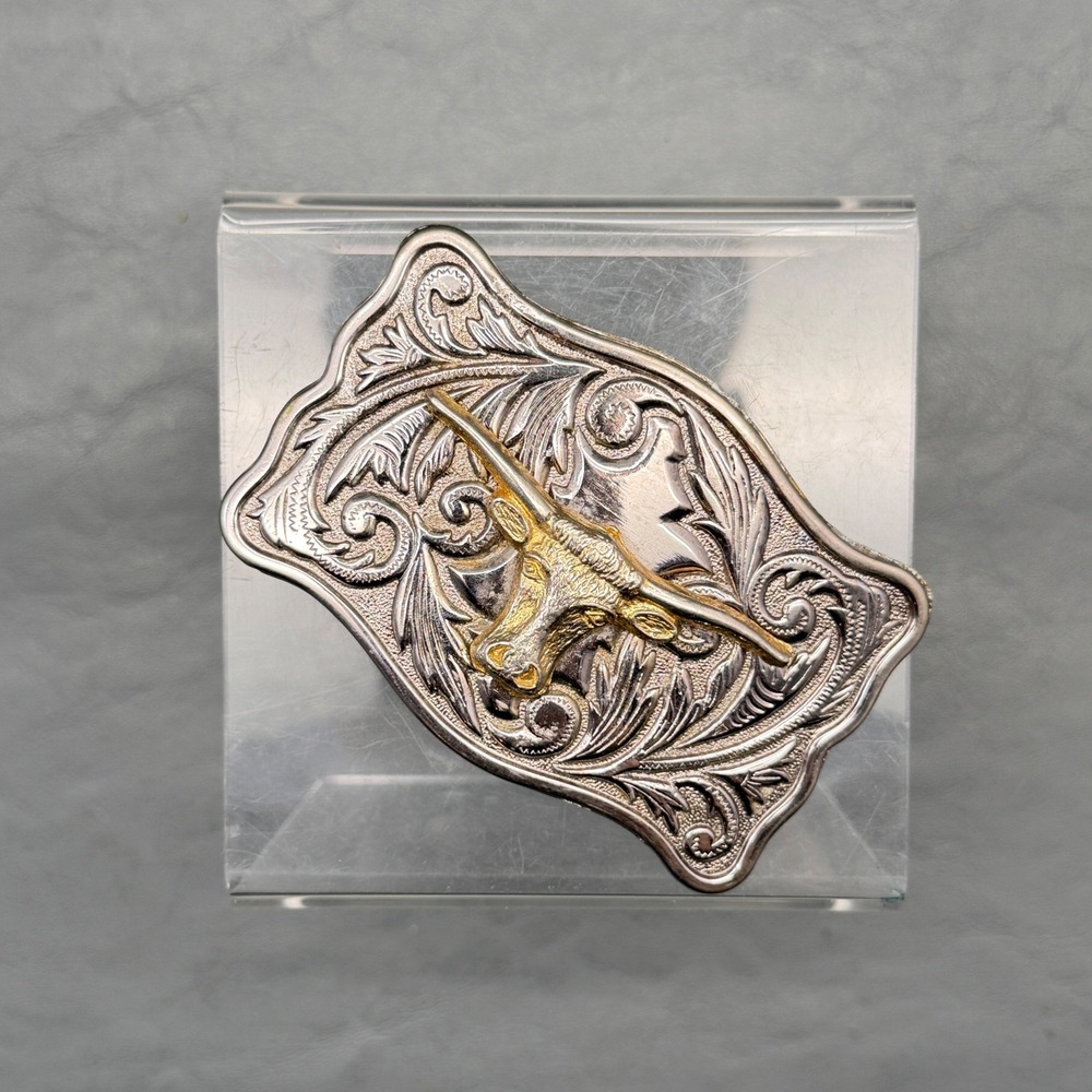 Vintage Longhorn Bull Western Cowboy Belt Buckle Gold Silver Tone Floral Scroll